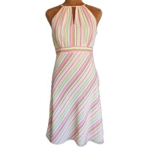 Y2K Ann Taylor Loft Dress Size 4 Petite Green Pink Striped A-line Lined Spring